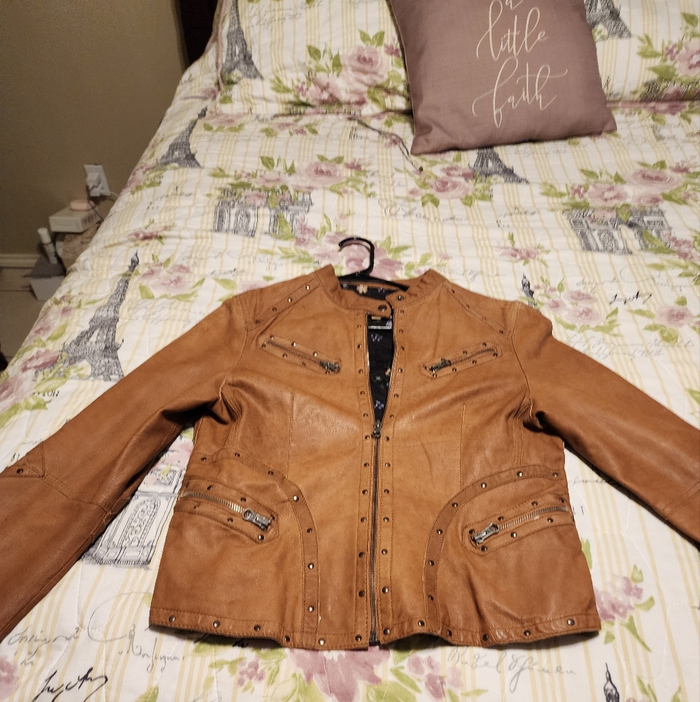Women’s Tan Leather Studded Jacket - Classic Biker Style